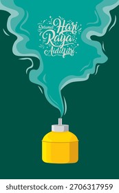 Ilustración vectorial de la tarjeta de felicitación de la celebración de Hari Raya Aidilfitri. Lámpara de aceite y fondo ahumado con saludos de Eid