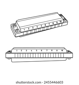 Vector illustration of harmonica hand-drawn sketch, blow musical instrument vector outline line art. Isometric view, isolated on a white background