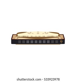 Vector illustration of Harmonica isolated on white background. French harp, mouth organ in flat style.