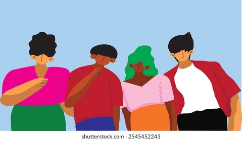 Vector illustration of a harmonious, diverse group of men and women with various skin tones, symbolizing unity and inclusivity. Perfect for projects focused on diversity and community.