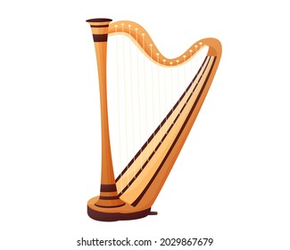 Vector illustration of a harp in cartoon style. Stringed musical instrument. Isolated on white background
