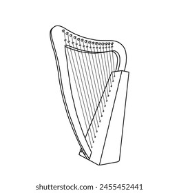 Vector illustration of harp, stringed musical instrument vector outline line art. Isolated on a white background.