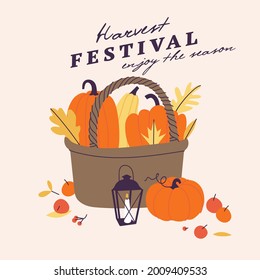 Vector illustration for harvest autumn festival. Sketch style logo a straw basket with a pumpkin for invitation on event, party