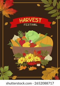 Ilustração vetorial de uma cesta de festival de colheita repleta de legumes e frutas de outono. Cercado por folhas de outono coloridas, ele captura a essência da estação da colheita.