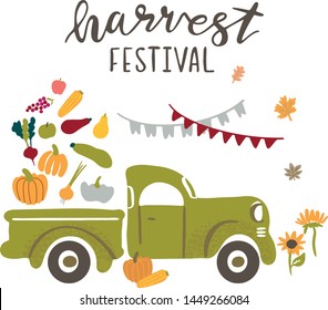 Vector Illustration for harvest festival, Harvest Truck with vegetables. It can be used for cards, brochures, poster and other promotional materials.