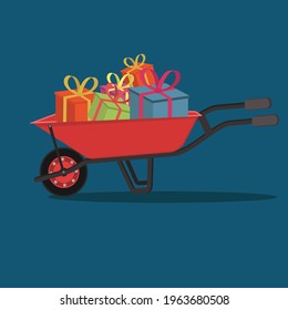 vector illustration of harvest gift box transported wheelbarrow flat design