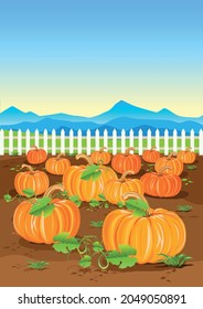 Vector Illustration Of A Harvest Pumpkin In A Vegetable Garden Near A White Fence. Happy Thanksgiving Day. Bright Illustration For A Postcard, Congratulations, Flyer Or Poster