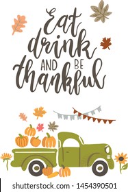 Vector Illustration, Harvest Truck with Pumpkins. Fall festival. It can be used for cards, brochures, poster and other promotional materials.