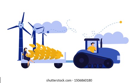 Vector illustration harvest wheat ears agriculture farmer. Man with tractor and windmill crop work background. Nature food plant garden organic. Rural eco poster gather agronomy concept