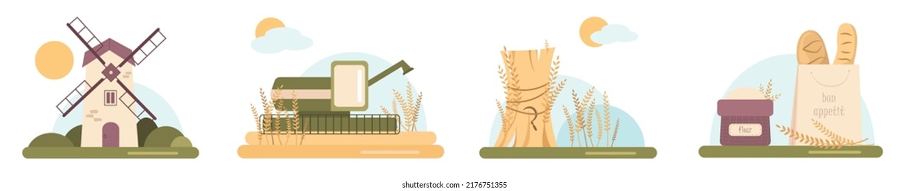 Ilustración vectorial de la cosecha. Agricultura y agricultura. Molino, cosechador combinado, pajar, harina, pan.  Dibujos para afiches, pancartas, postales, fondo