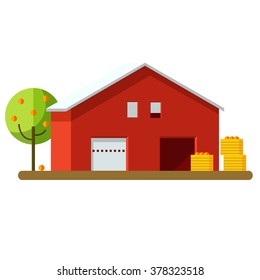 Vector illustration of harvesting and storage of crops. Harvest storage. Red storage and fruit harvest.