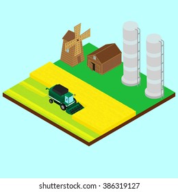 vector illustration. Harvesting wheat. Harvester, windmill, silo, barn, combine harvester gathers wheat on a field. isometric
