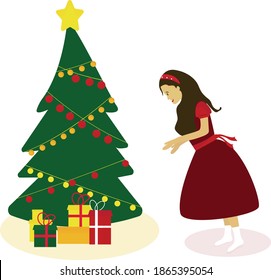 vector illustration has drawn by pen toll in illustrator software. There is girl found gifts under the tree.