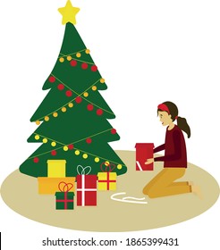 vector illustration has drawn by pen toll in illustrator software. There is girl unpacking gifts near the Christmas tree.