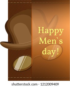 Vector illustration. Hat bowler and pince-nez on tweed background under translucent ribbon