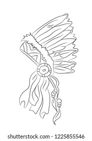 vector illustration of hat with feathers of indian, drawing by lines, vector, white background