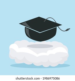 Vector Illustration of Hat Graduation on Cloud and Blue Color Background.