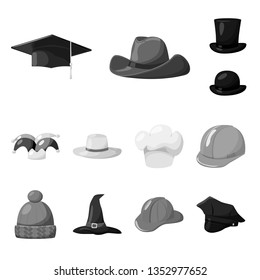 Vector illustration of hat and helmet logo. Set of hat and profession stock vector illustration.