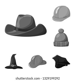 Vector illustration of hat and helmet symbol. Collection of hat and profession stock symbol for web.