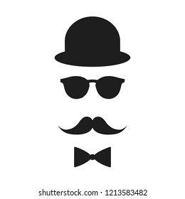 Vector illustration of hat, mustache, glasses and bow tie. Black fashion gentleman hat. Gentleman concept. Retro man attributes.

