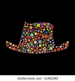 Vector illustration of  hat shape  made up a lot of  multicolored small flowers on the black background