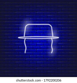 Vector illustration of hat with sidelock neon icon. Concept Holiday Rosh Hashanah. Jewish New Year sign.