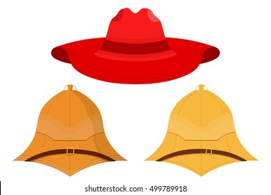 Vector illustration of hats on a white background. Isolated objects. Vector set of caps. Red hat, pith helmet, cork helmet.
