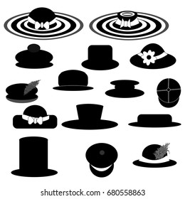 Vector illustration hats Set Fashion for Men and Women. Flat Design Style. Different male and female icons. 
Cap with feather and gentlemen cap set isolated. Decoration head wear