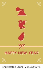 Vector illustration of "Hatsuyume" New Year card. "Hatsuyume" is the first dream of the New Year in Japan.
Dreams of Mt.Fuji, a hawk or an eggplant are considered to be good omens for the year.