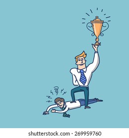 vector illustration of haughty winning businessman standing on humiliated poor man | simply modern flat design colorful cartoon icon isolated on blue background