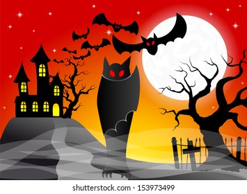 vector illustration of a haunted castle with bats