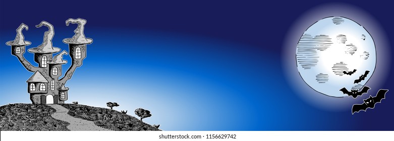 vector illustration of a haunted castle in a full moon night 