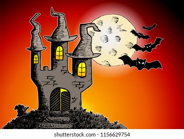 vector illustration of a haunted castle in a full moon night 