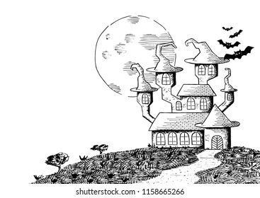 vector illustration of a haunted castle in a full moon night 