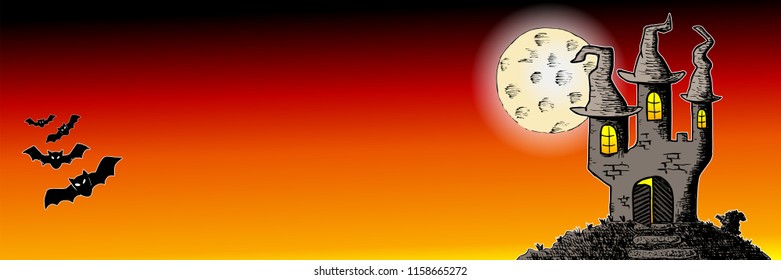 vector illustration of a haunted castle in a full moon night 