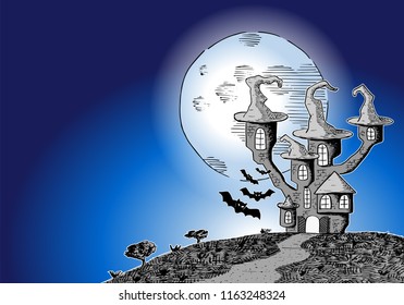 vector illustration of a haunted castle in a full moon night 