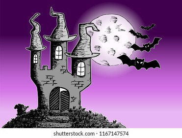 vector illustration of a haunted castle in a full moon night 