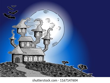vector illustration of a haunted castle in a full moon night 