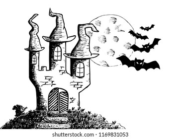 vector illustration of a haunted castle in a full moon night 