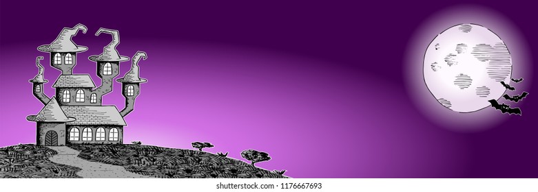 vector illustration of a haunted castle in a full moon night 