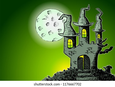 vector illustration of a haunted castle in a full moon night 
