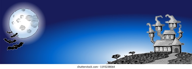vector illustration of a haunted castle in a full moon night 