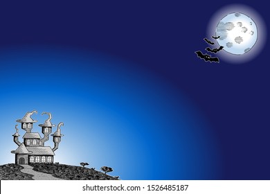 vector illustration of a haunted castle in a full moon night 