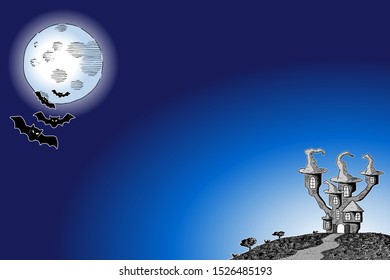 vector illustration of a haunted castle in a full moon night 