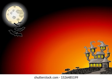 vector illustration of a haunted castle in a full moon night 