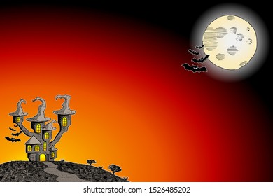 vector illustration of a haunted castle in a full moon night 