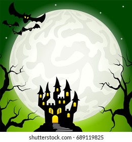 vector illustration of a haunted castle in a full moon night 