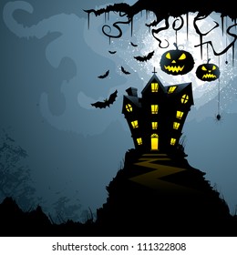 vector illustration of haunted castle in scary Halloween night