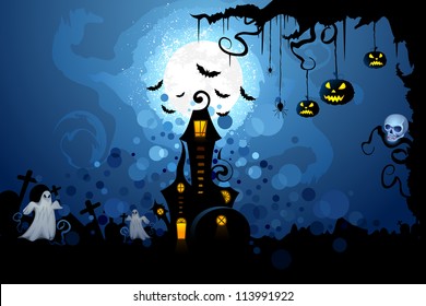 vector illustration of haunted castle in scary Halloween night