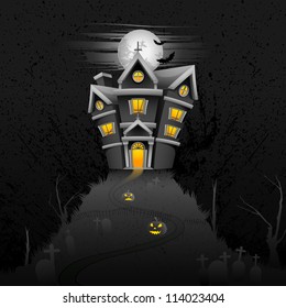 vector illustration of haunted castle in scary Halloween night